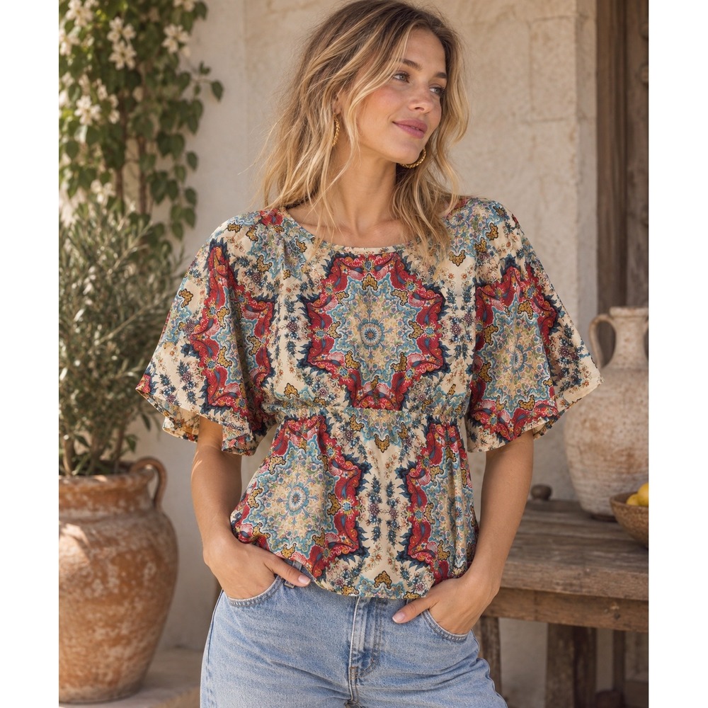 KAS New York Anthropologie Winterstar Mandala Print Blouse Women 6 Multi-Color